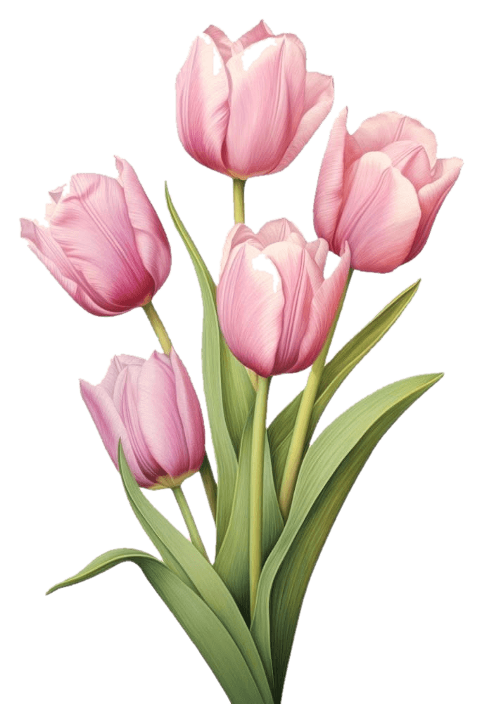 Bucket berisi lima bunga tulip pink dengan daun hijau